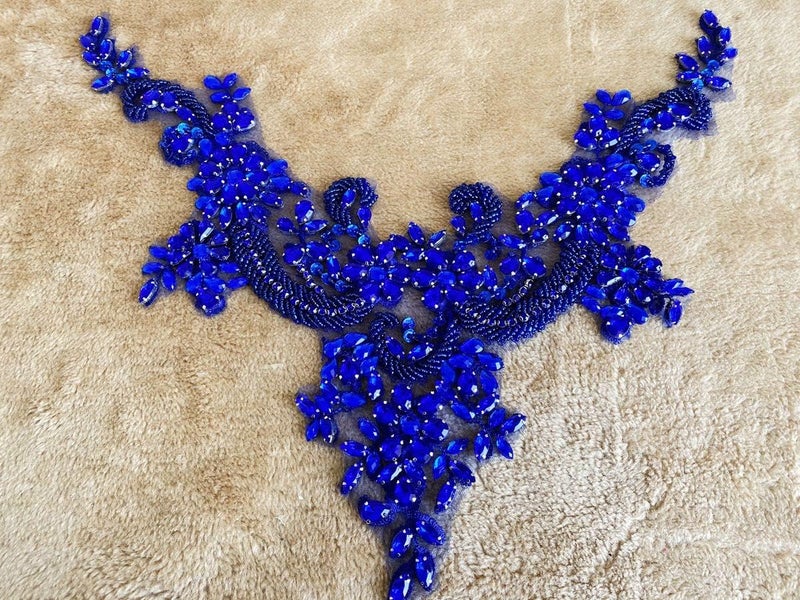 wtbvn Handmade Rhinestones lace Applique handsewing Beads Trim Patches Neckline for Dress Clothes Accessory (Blue) - Image 2